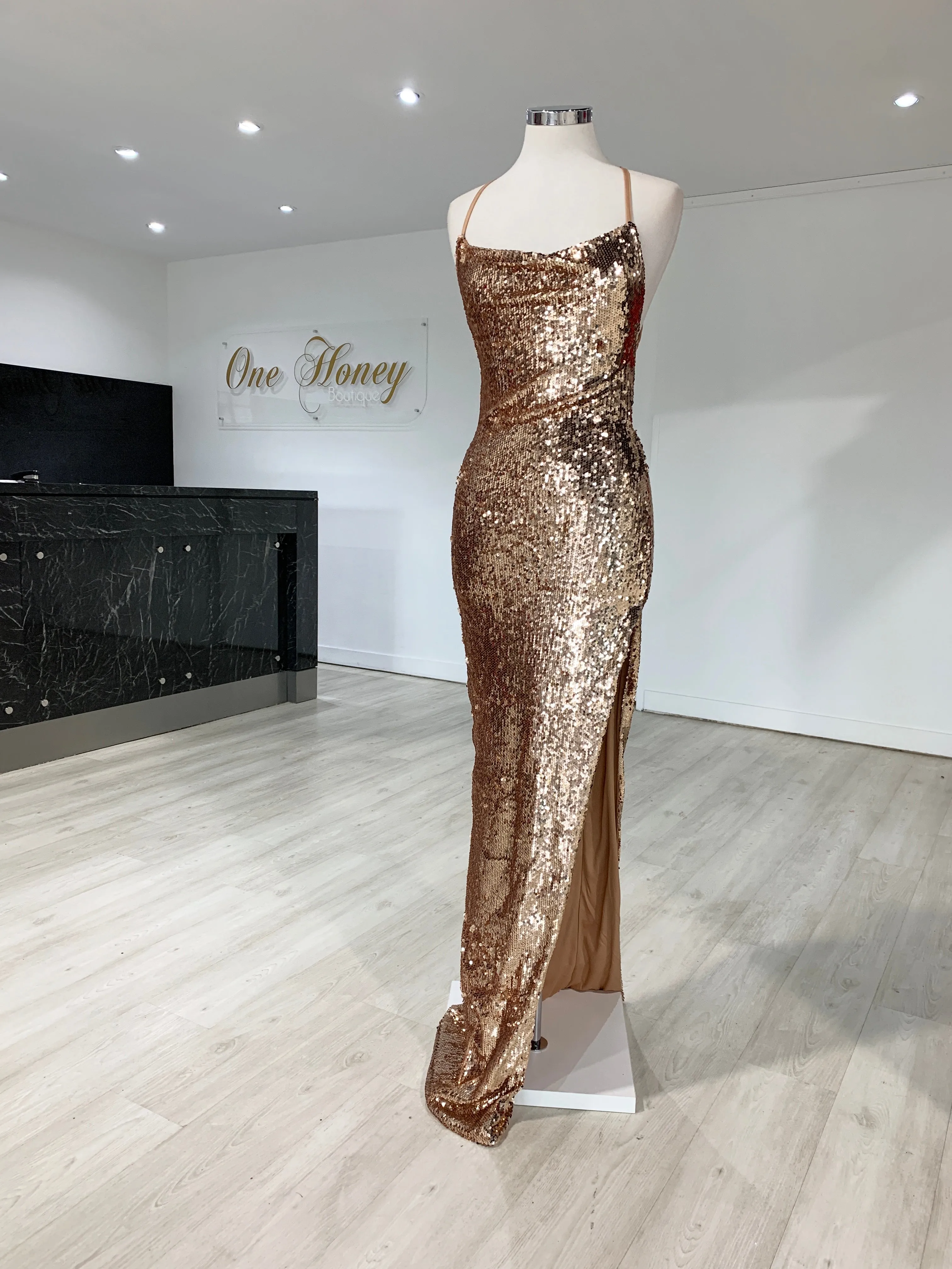Honey Couture LIBERTY Gold Sequin Lace Up Formal Dress